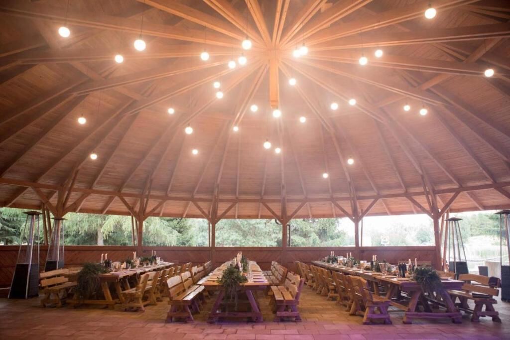 Wooden event pavilion prepared for a celebration